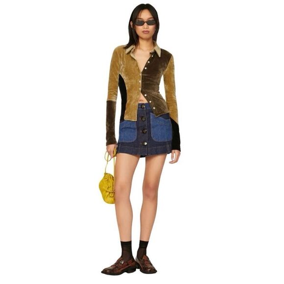 TheOpen Product Brown Paneled Velvet Button Up Top - Picture 8 of 9